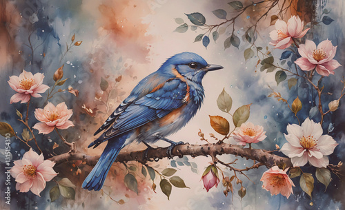 Blue bird is perched on a branch in front of a pink flower. The painting has a serene and peaceful mood, with the bird and flowers creating a sense of harmony and balance