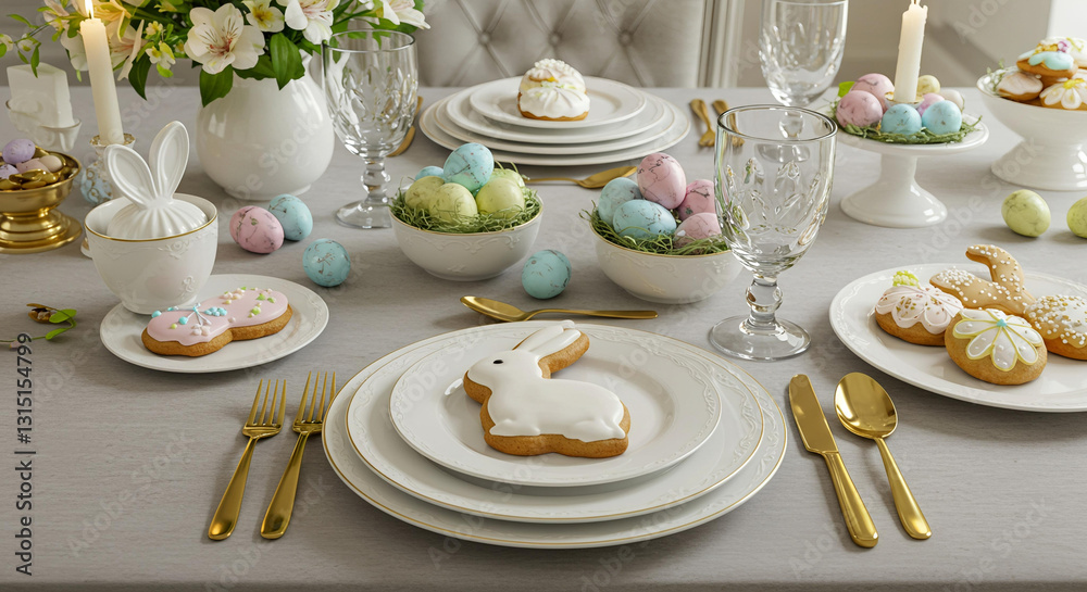 photo of a luxurious Easter table setting with white porcelain plates, golden cutlery, and pastel-colored decorations photo of a luxurious Easter table setting with white porcelain plates, golden cutlery, and pastel-colored decorations