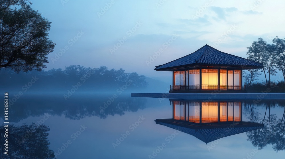 Fototapeta premium Traditional Japanese Pavilion Reflected in Serene Water