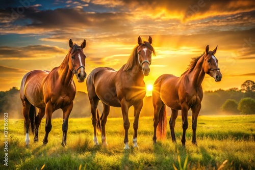 Majestic Dawn  Thoroughbred Horses Grazing in Golden Sunrise - Equestrian Photography