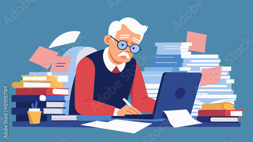 An elderly man sits at his desk surrounded by piles of mcripts carefully editing and proofreading each one with a meticulous attention to detail.. Vector illustration