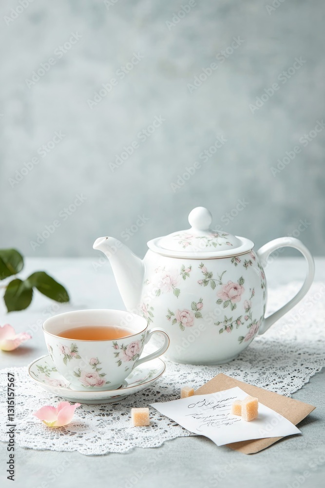 flat lay of simple but elegant tea set with floral-patterned teapot teacup and small dish of sugar cubes arranged on flat lay of simple but elegant tea set with floral-patterned teapot teacup and small dish of sugar cubes arranged on