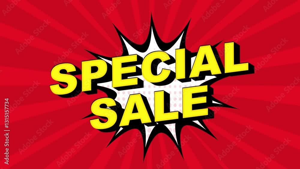 Special Sale- Comic Pop Art text video 4K, chroma key version included. Vintage colorful cartoon animation with explosion of speech bubble message. Promo, offer, sale, market.
