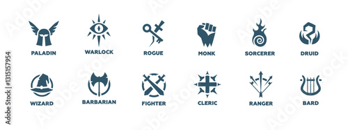 Twelve unique fantasy role-playing class symbols, each representing a distinct character type.