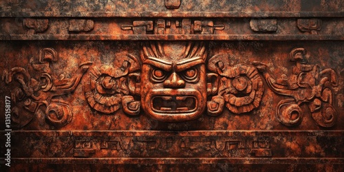 Ancient weathered copper panel with fierce tribal deity carving