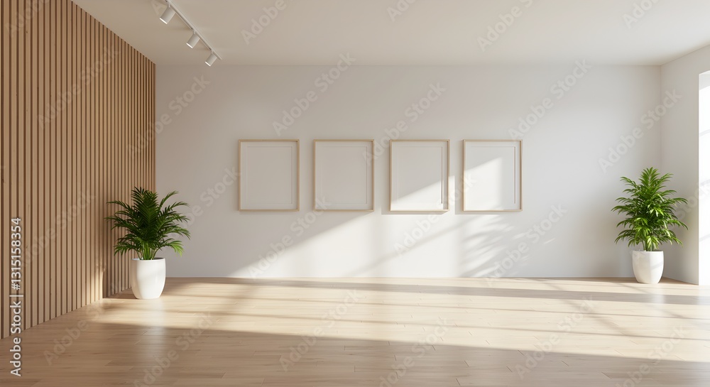 Fototapeta premium Bright and airy interior with wooden accents and blank picture frames awaiting artwork