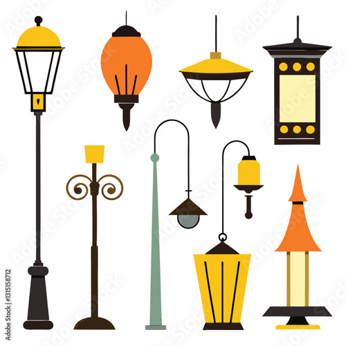 Vector illustration set of antique street lamps and modern light designs