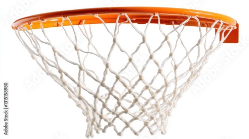 A close-up of a basketball and hoop net on a white isolated background