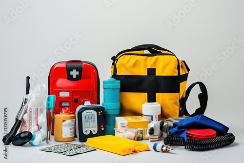 Essential emergency supplies and first aid kit displayed for preparedness and safety at home or outdoor activities