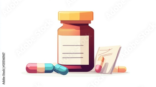 A medical pill bottle with capsules and a prescription pad on a white isolated background
