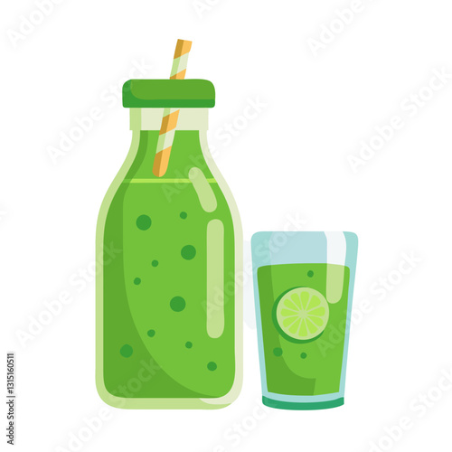 Green smoothie in glass bottle with lime