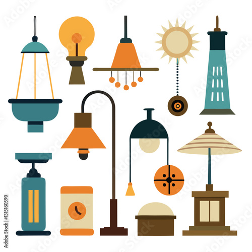 Vector set of lamp icons, symbols, and illustrations for furniture and home interior design