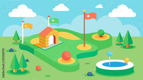 The community center set up a mini golf course providing a fun activity for families and individuals to enjoy.. Vector illustration