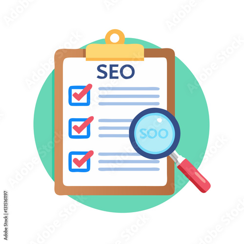 SEO checklist icon with clipboard and magnifier