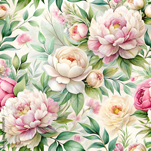 Watercolor Peony Floral Pattern. Seamless Floral Background
