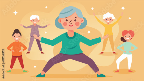 A smiling elderly woman her face beaming with joy as she confidently leads the Tai Chi routine for her fellow practitioners.. Vector illustration