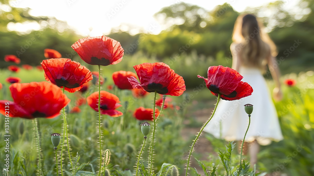 Obraz premium Woman in white dress walks through poppy field at sunset, peaceful nature background; ideal for tranquility, peace, summer, nature concepts