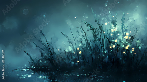 Softly glowing aquatic plants with ethereal lights amidst the water, misty, gentle, luminescent. luminescent - ocean. illustration. Ethereal - Moon. Illustration