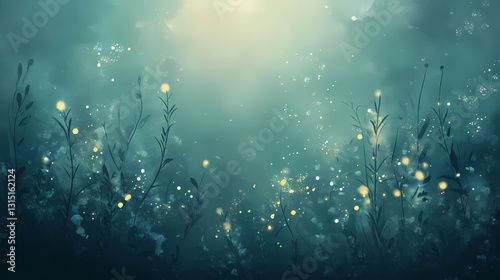 Softly glowing aquatic plants with ethereal lights amidst the water, misty, gentle, luminescent. luminescent - ocean. illustration. Ethereal - Moon. Illustration