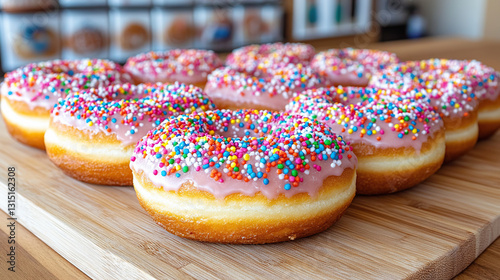 Pink glazed donuts with colorful sprinkles on a wooden board photo