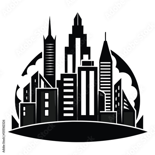 Urban vector illustration of a city skyline silhouette with towering buildings and modern architecture design