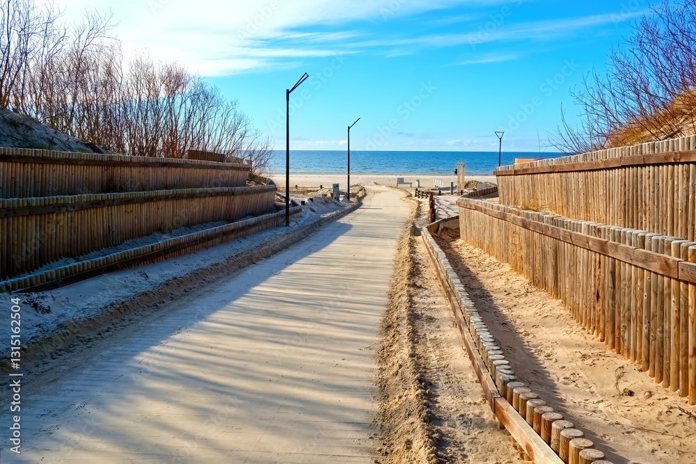 Pedestrian path through the dunes to the sea. The path is cleared of sand. Pedestrian path through the dunes to the sea. The path is cleared of sand.
