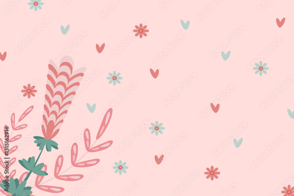 A charming design showcasing various floral elements and hearts scattered across a gentle pink backdrop, creating a whimsical and cheerful atmosphere. Copy space. A charming design showcasing various floral elements and hearts scattered across a gentle pink backdrop, creating a whimsical and cheerful atmosphere. Copy space.