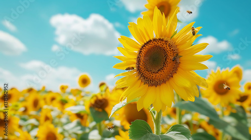 A vibrant sunflower field under a bright blue sky, with bees buzzing around the flowers in