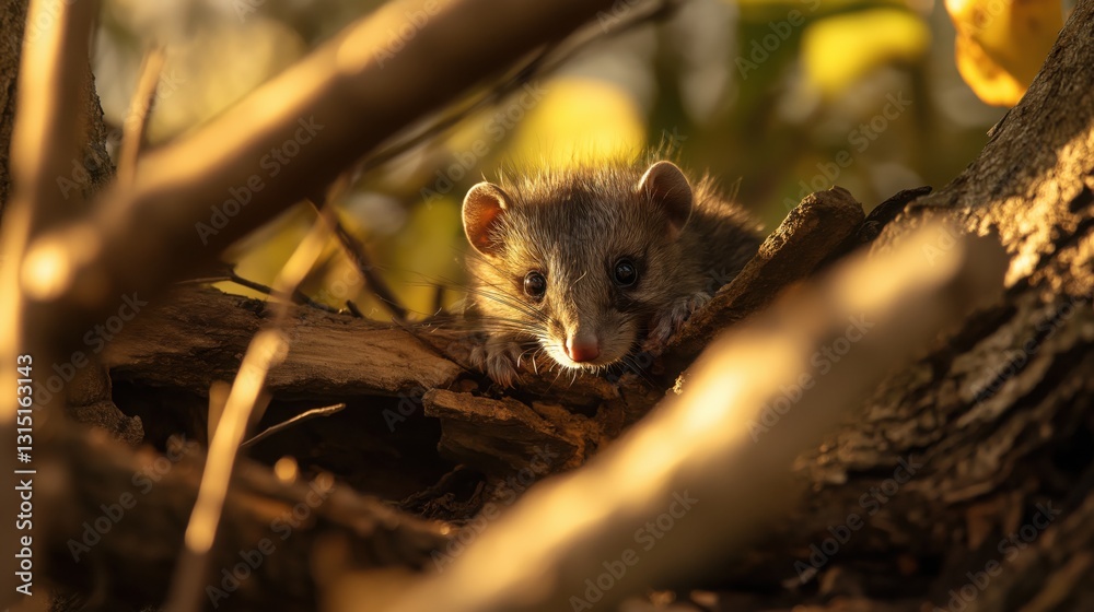 small wild rodent perched on tree branch in golden sunlight looking at the camera and fuzzy fur concept of wildlife conservation nature photography small wild rodent perched on tree branch in golden sunlight looking at the camera and fuzzy fur concept of wildlife conservation nature photography