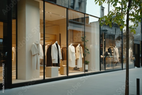 Elegant storefront window displays modern apparel in an urban setting during twilight hours