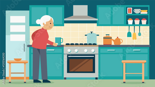 All cabinets and shelves in the kitchen of a senior home have been lowered for easier access and the stove and oven have been rep with safer energyefficient models.. Vector illustration