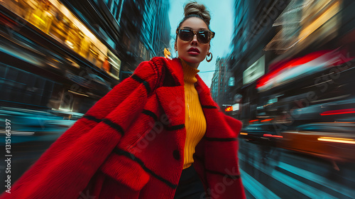 fashion photography, urban style, city fashion, streetwear, high fashion, stylish woman, bold outfit, red coat, trendy look, motion blur, dynamic portrait, modern city, fashion editorial, luxury style