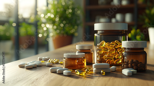 vitamins, supplements, healthcare, nutrition, wellness, medicine, pharmaceutical, omega-3, fish oil, capsules, tablets, glass bottle, amber bottle, natural health, organic supplements, dietary supplem