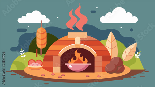 The steam rising from the Pachamanca Earth Oven as the first batch of food is removed revealing perfectly cooked and tender meats and vegetables.. Vector illustration