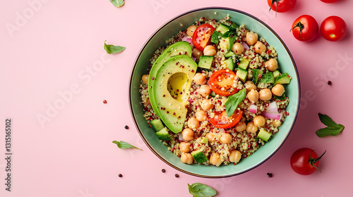 quinoa salad, avocado, chickpeas, healthy food, fresh ingredients, plant-based, vegan, vegetarian, organic, nutritious, gourmet, superfood, basil, tomato, pink background, clean eating, wholesome, fib