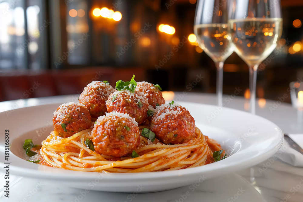 Dinner table with plant-based meatballs, spaghetti, tomato sauce, fresh herbs, wine glasses, soft ambient lighting for a perfect vegan meal or dinner setting Dinner table with plant-based meatballs, spaghetti, tomato sauce, fresh herbs, wine glasses, soft ambient lighting for a perfect vegan meal or dinner setting