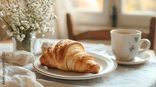 croissant, breakfast, coffee, morning, pastry, bakery, French pastry, cafe, fresh baked, rustic, cozy, warm tones, soft light, elegant, European breakfast, classic, tea cup, white ceramic, delicate, P