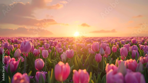 A vibrant tulip field with rows of colorful flowers, a clear sky, and soft sunlight in