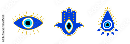 Blue evil eye symbols are shown, each with distinctive shapes and details representing protection.