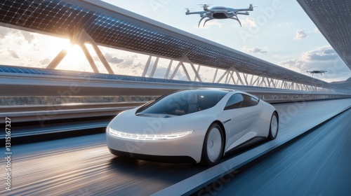 Hydrogen-powered Electric Car Drives on Solar Highway With Eco-Friendly Drone Taxis Above