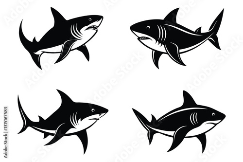 Set of sharks fish. bundle of black and white shark fish silhouette