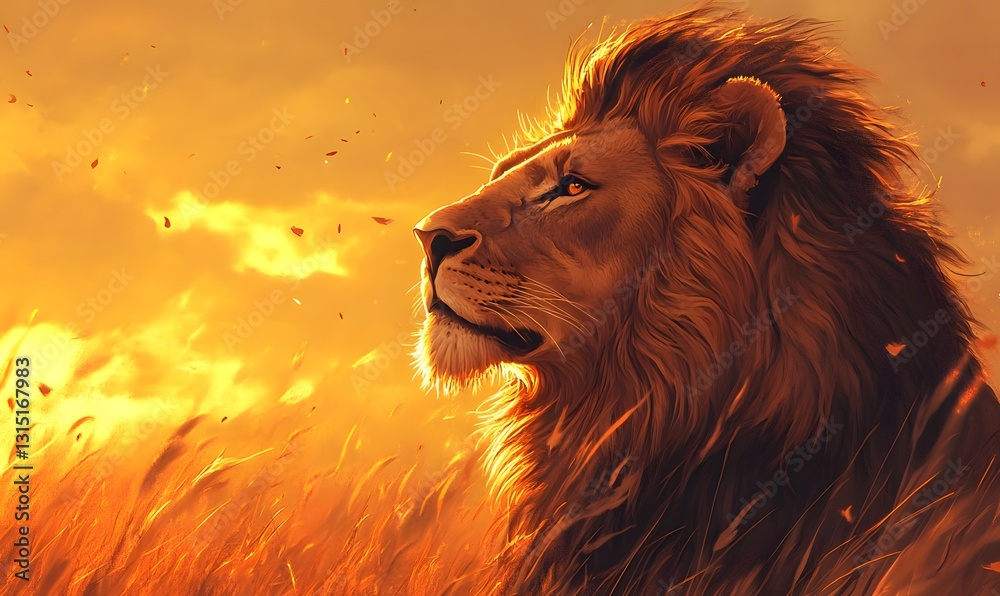 Naklejka premium Majestic Lion Portrait: King of the Jungle in Golden Light