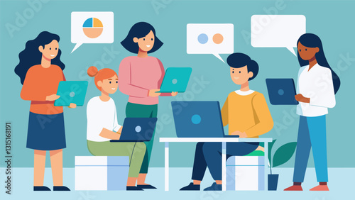 A team of Generation X thinkers armed with laptops and whiteboards strategizing ways to promote gender equality in the workplace.. Vector illustration