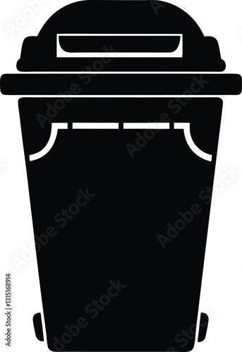 Black and White Trash Can Icon with Vertical Lines and Open Lid. Trash Can silhouette isolated on white background. 