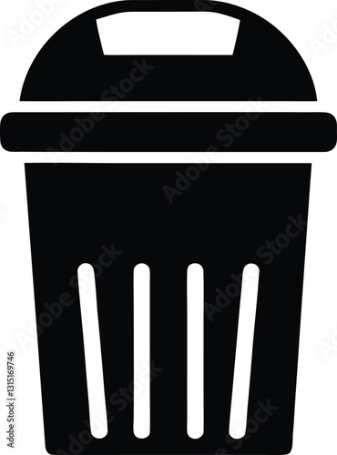 Black and White Trash Can Icon with Vertical Lines and Open Lid. Trash Can silhouette isolated on white background. 