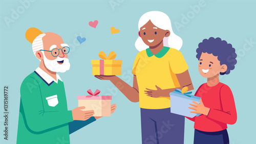 A volunteer handing out personalized birthday cards to senior citizens each with a heartfelt message and a small gift.. Vector illustration