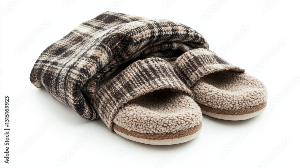 A pair of cozy slippers and a blanket on a white isolated background A pair of cozy slippers and a blanket on a white isolated background