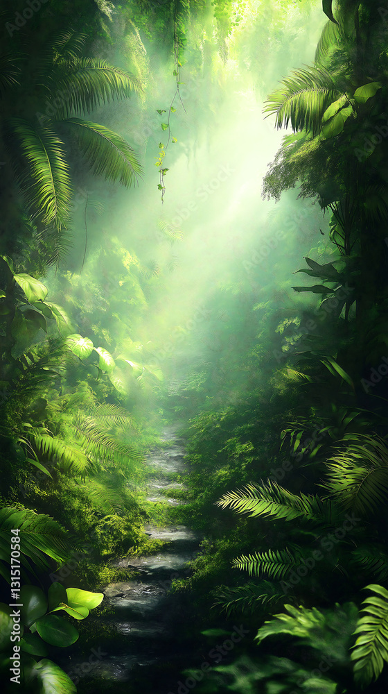 Lush green pathway through a dense tropical forest Lush green pathway through a dense tropical forest