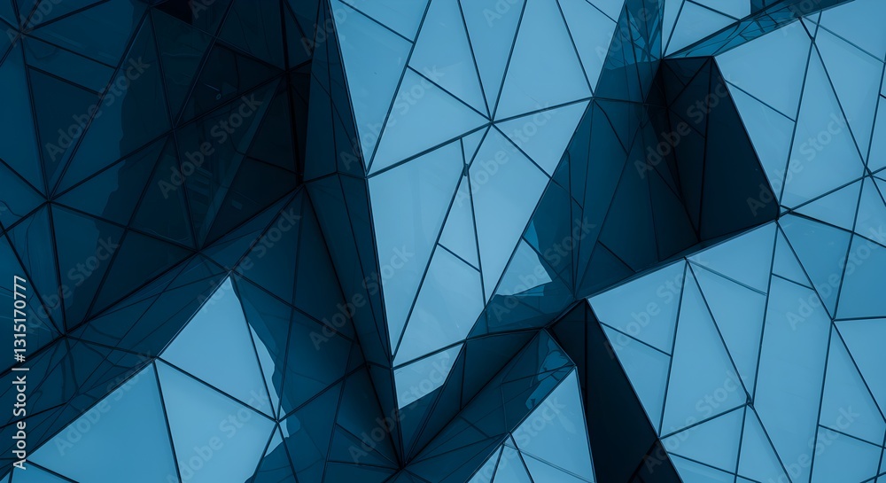 Fototapeta premium Geometric architecture with blue glass facade reflecting daylight patterns
