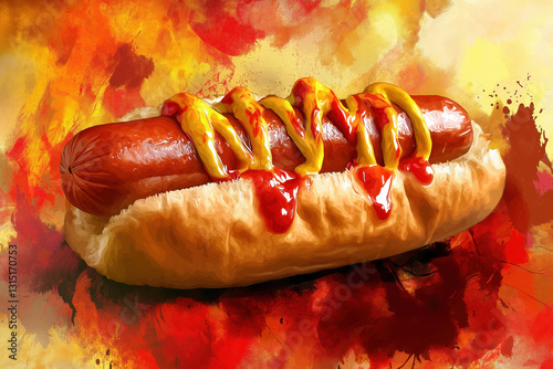 Artistic Hot Dog with Ketchup and Mustard